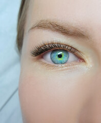 close up of green-blue eye with eyelash extensions in beauty salon