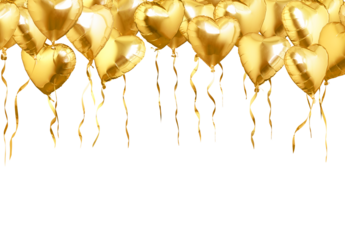 Flying of golden heart shaped air balloons