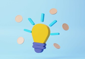 Yellow light bulb on soft blue background money competition combine investment startup idea concept, invention, project support, 3d rendering illustration
