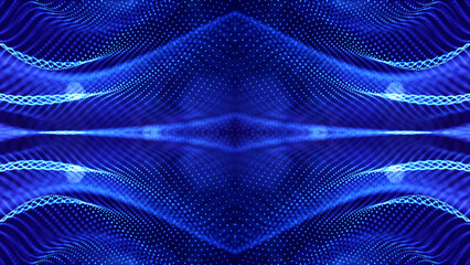3d render. Mirror structure. Blue motion design background with symmetrical pattern. Abstract sci-fi bg with glow particles form curved lines, strings, surfaces, hologram or virtual digital space.