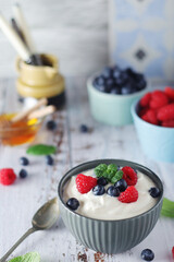 A bowl with Greek yogurt with berries