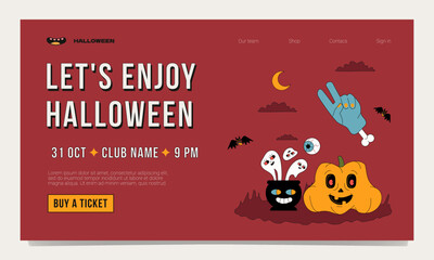 Funny trendy landing page template for a Halloween party. Outlined design with pumpkin, bats, ghosts and hands with bone.