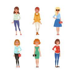 Young beautiful woman dressed in different trendy style clothes set vector illustration