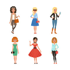 Young fashionable woman dressed in different trendy style clothes set vector illustration