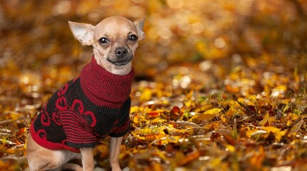 Happy domestic dog walking in autumn park