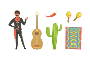 Mexico traditional objects set and cheerful man in mexican national costume vector illustration
