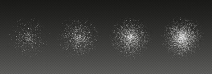 Realistic sugar or salt piles, baking flour top view. White powder isolated on a transparent background. Vector illustration.