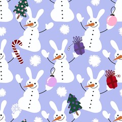 Obraz premium Winter ice snowman seamless Christmas pattern for Noel and wrapping paper and kids clothes print and snowflakes
