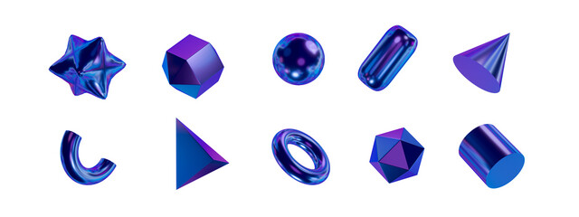 3d set holographic geometric shape: square, cylinder, sphere, pyramid, torus, star, cone, icosphere. Metal simple figures with grid for your design on white isolated background. 3d rendering