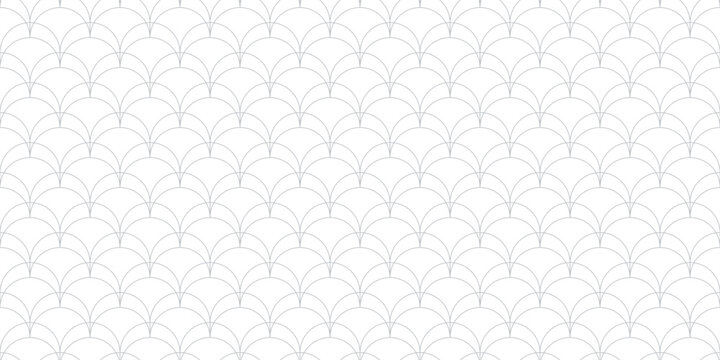 Art Deco Seamless Pattern. Vector Geometric Linear Background With Thin Curved Lines, Fish Scale Ornament, Grid, Lattice. Subtle Elegant Gray And White Abstract Texture. Simple Wide Minimal Design