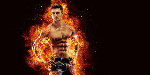Fototapeta na wymiar Bodybuilder posing on the fire flames background