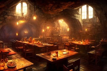 Medieval Stone Fantasy Tavern Pub, Dungeons and Dragons Digital Concept Art - obrazy, fototapety, plakaty