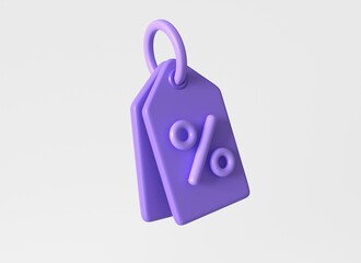 3d price tag with purple percentage sign in cartoon style. discount sales concept. 3d rendering isolated on white background.