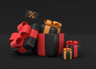 3d black gift boxes with red and yellow bows and a price tag with percentages. minimalistic realistic style. banner for advertising sale for black friday or new year. 3d rendering.