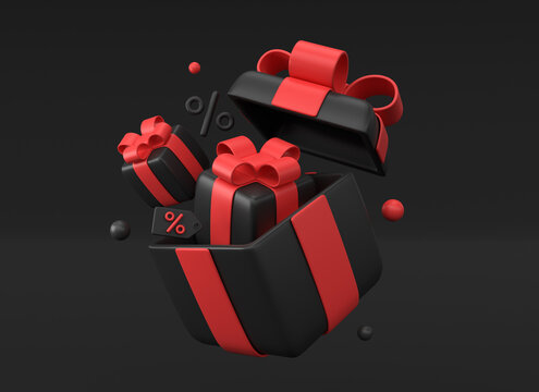 3d open big black gift box with small gifts inside in flight.minimalistic realistic style. banner for advertising sale for black friday or new year. 3d rendering.