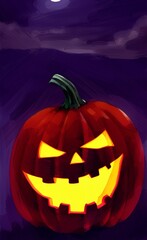 Digital painting halloween pumpkin character illustration. Halloween celebration symbol. Evil smiling Jack o lantern. Oil painting imitation. Wall art print, poster, canvas, invitation background.