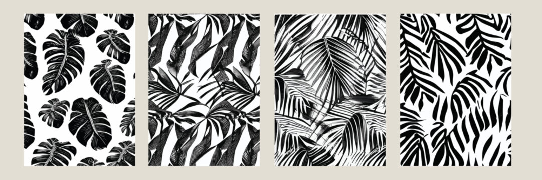 set exotic leaves seamless pattern black white. Stylish abstract vector decorative background. Tropical palm leaves, jungle leaf seamless vector floral pattern. Grunge tropical style wallpaper.