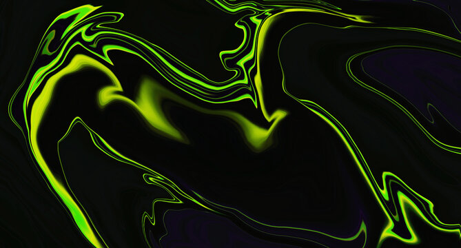 Fluid neon green wave on black background. Abstract liquid line. Glitch Art trippy digital screen. Celebration Backdrop. Royal banner. Template. Luxury texture. AR. VR. Metaverse card. Carbon emission
