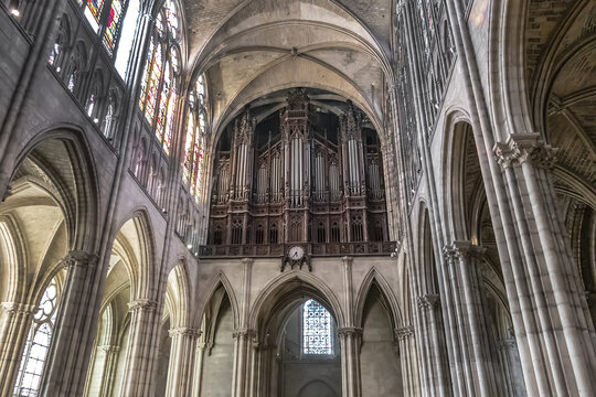 Interior of Basilica of Saint-Denis (Basilique royale de Saint-Denis, from 1144) - former medieval abbey church in Saint-Denis, a northern suburb of Paris Saint-Denis. Paris, France. AUGUST 22, 2021.