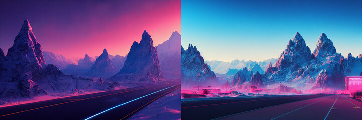 Snow mountain, neon lights, futuristic, cyberpunk, traffic in the night