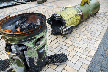Damaged missile OTR-21 Tochka at exhibition of destroyed russian military vehicles and equipment...