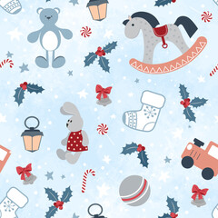 Christmas seamless pattern for greeting cards and wrapping paper. Toys and sweets on a light background.
