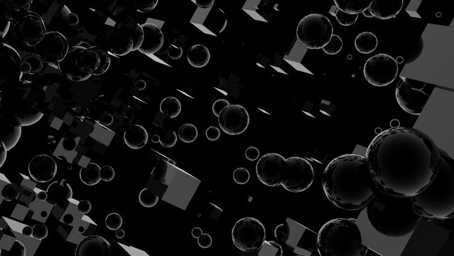 3D Futuristic black shiny spheres and cubes with reflections Abstract geometric background