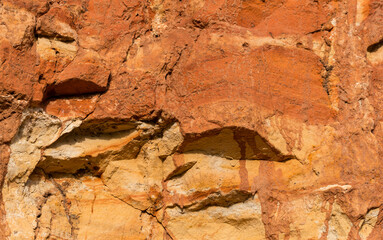 Sedimentary rocks with a high content of iron oxide. Red soil, loam. The texture of the soil.