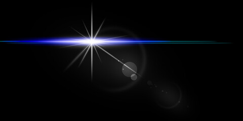 Illustration of a glowing star on a black background with highlights. Background with a big shining star in the sky, a strip of neon light and highlights. High quality illustration