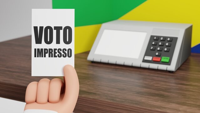 Renderização 3d de mão segurando papel escrito em português "voto impresso", com urna eletrônica em segundo plano em cabine com cores da bandeira brasileira.