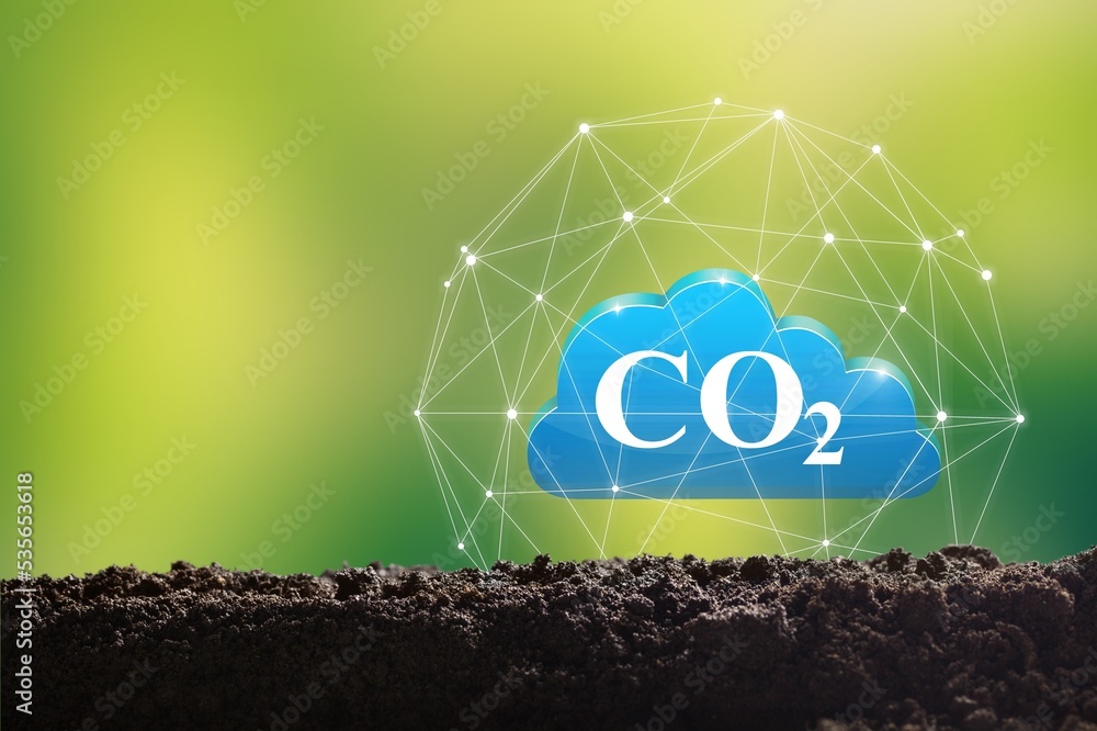 Wall mural Text CO2 symbol on soil an green nature background.