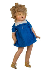 Isolated vintage antique jointed composition doll in a blue dress