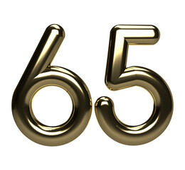 Isolated png of Golden Balloon, Number 65 or Sixty Five in Gold Color, Alphabet for Anniversary or 65th Birthday Party, 3D illustration.