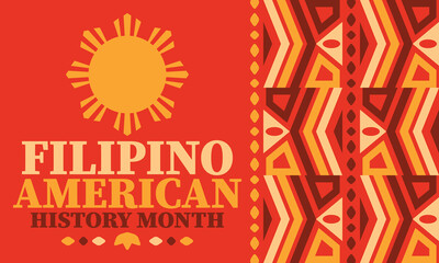 Filipino American History Month. Happy holiday celebrate annual in October. Filipinos and United States flag. Culture month. Patriotic design. Poster, card, banner, template. Vector illustration