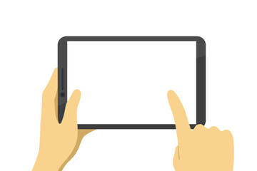 Hand holding tablet and finger touch with blank white screen