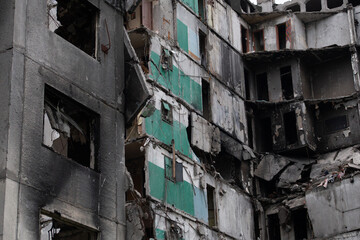 Fototapeta na wymiar Destroyed multi-storey buildings in the city of Borodyanka, Kyiv region after the beginning of russia's invasion of Ukraine