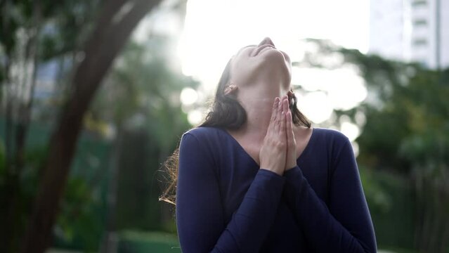 Woman Open Arms Looking At Sky Smiling. Happy Person Feeling Freedom Pleading For GRACE. Leap Of FAITH Concept