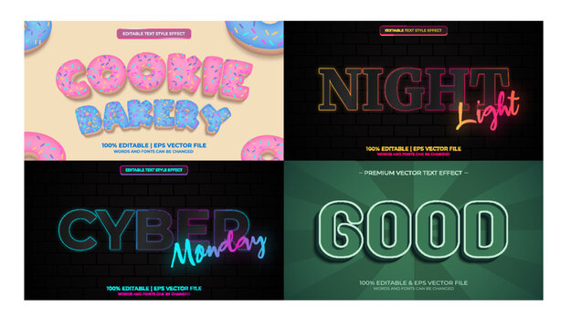 Bundle of editable text effect design vector. Set of editable text effect design. Modern editable text effect vector design. Vector illustration
