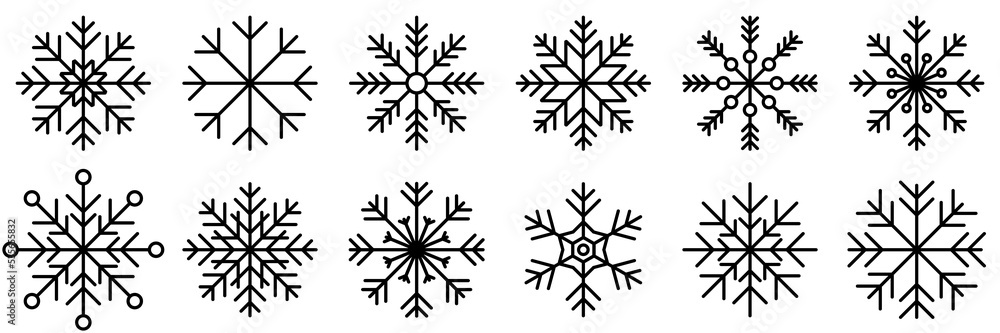 Poster snowflake variations icon collection. snowflake icons set. snowflake symbols. snow icon. frost winte