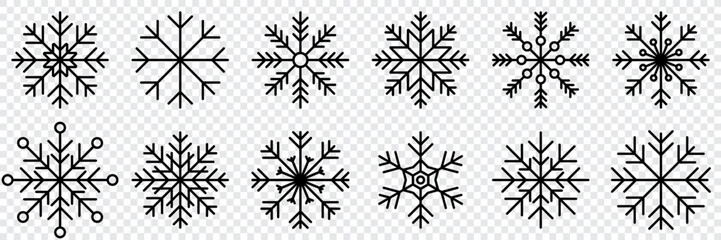 Snowflake variations icon collection. Snowflake icons set. Snowflake symbols. Snow icon. Frost winter background. Snowflakes ice crystal isolated. Vector illustration