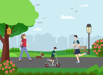 People walk in the city park. A girl with a dog, a boy on a scooter and a sports man run. Vector drawing. For prints and posters, packaging and covers, flyers and brochures, social networks and web