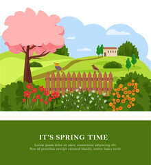 Spring time. Bright postcard with a spring landscape - trees and flowers, a road and a field, a house, birds. Vector drawing. For prints and posters, packaging and covers, flyers and brochures, social