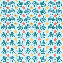 Pattern with marine fauna. Cute octopuses and funny stars. Vector drawing. For baby products, packaging and covers, flyers and brochures, prints and postcards.