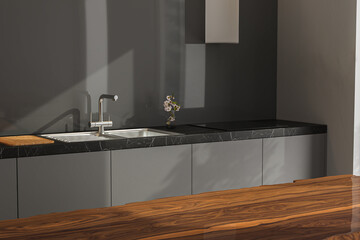 Dark grey kitchen design - detail of interior. Empty island or table countertop in modern kitchen room. 3d rendering