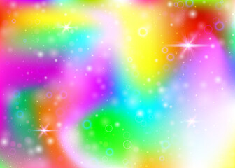 Fairy background with rainbow mesh.  Trendy universe banner in princess colors. Fantasy gradient backdrop with hologram. Holographic fairy background with magic sparkles, stars and blurs.