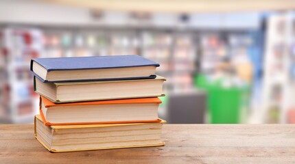 Stack of book on library interior