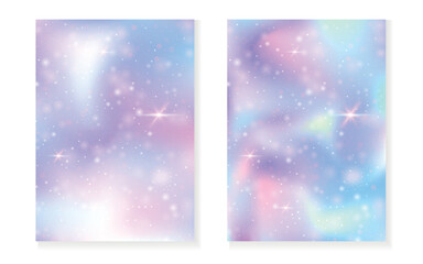 Magic background with princess rainbow gradient. Kawaii unicorn hologram.