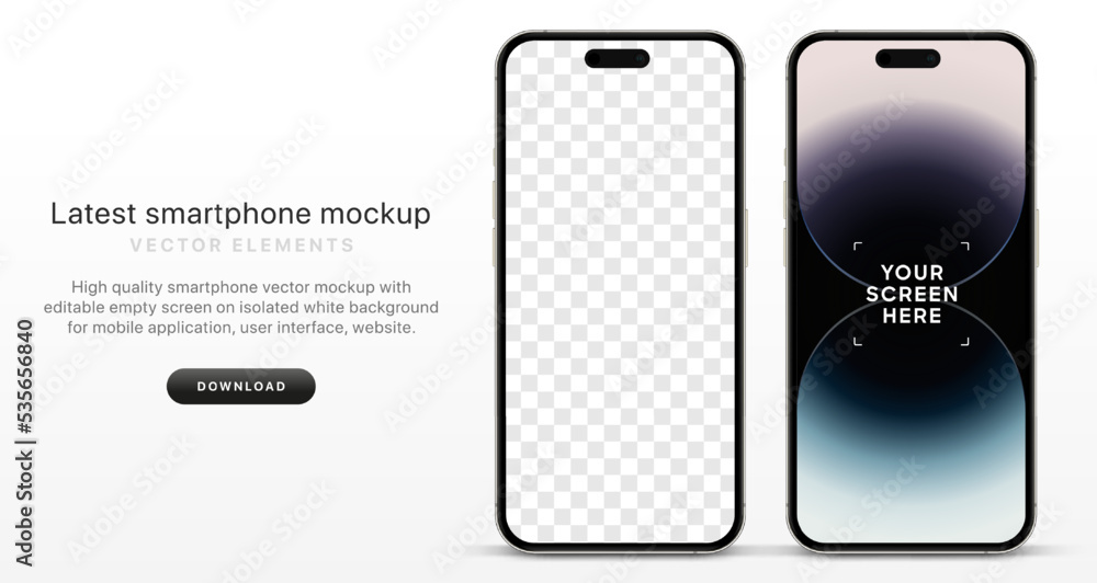 Poster 3D realistic high quality smartphone mockup with isolated background. Smart phone mockup collection. Device front view. 3D mobile phone with shadow on white background.