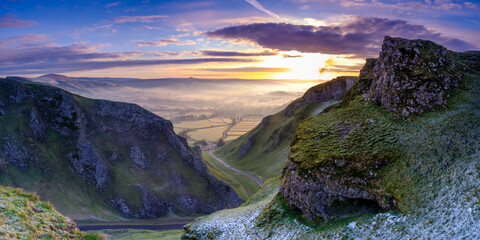 Frosty sunrise over Winnats Pass in the Peak District National Park, UK