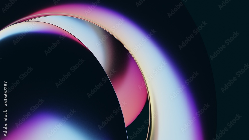 Fototapete abstract 3d render, iridescent, glossy, reflective metallic, organic curve wave in motion. gradient 